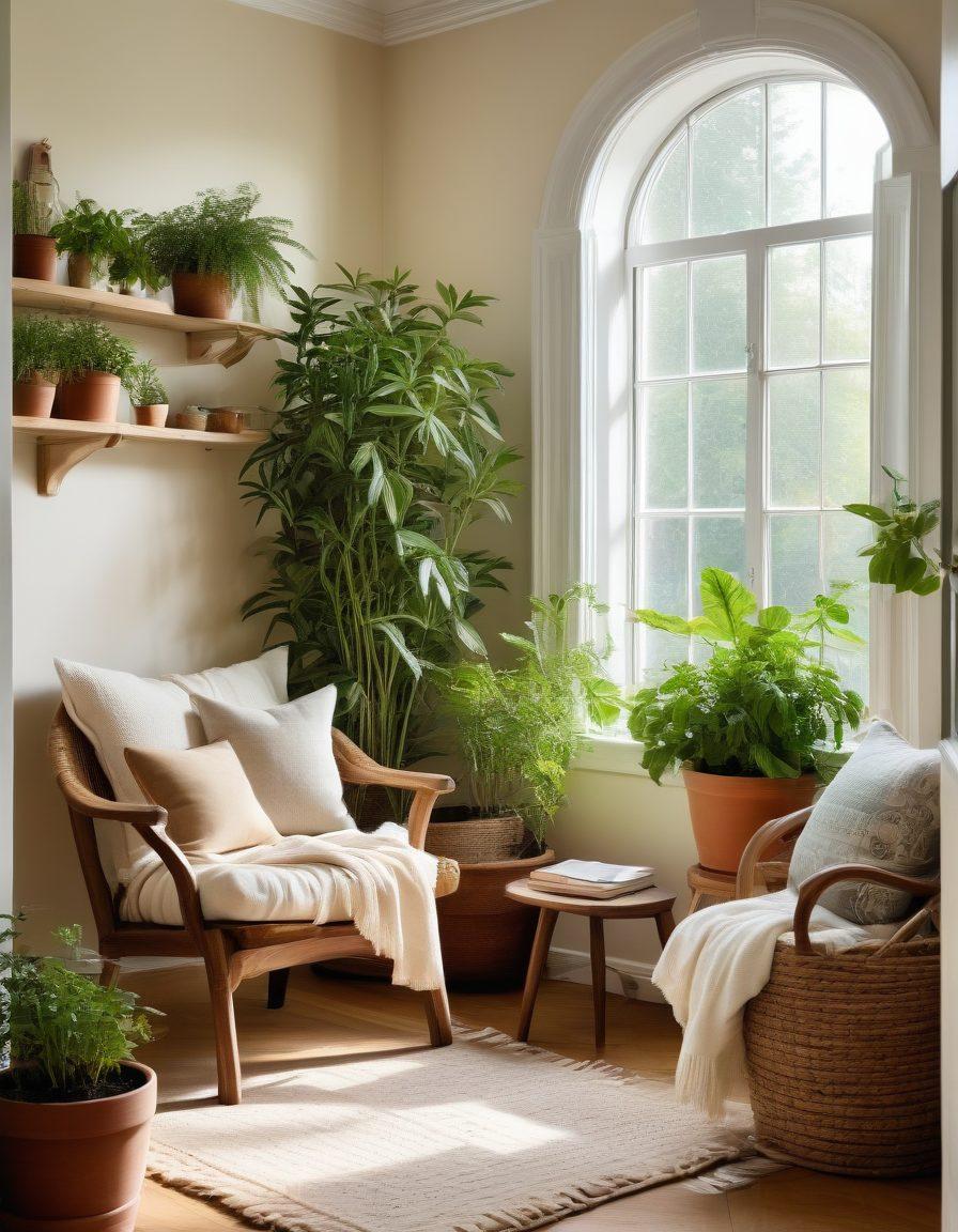 A cozy, sunlit living room featuring lush indoor plants, sustainable decor, and a soft, inviting color palette. Include a comfortable reading nook with a woven chair, organic cotton throws, and wooden furniture made from reclaimed materials. Showcase vibrant natural elements like a small herb garden on the windowsill and artwork inspired by nature. Ensure the scene conveys tranquility and a connection to the environment. super-realistic. vibrant colors. warm lighting.