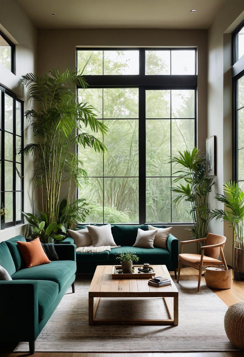 A stylish, eco-friendly living room featuring natural materials like wood and bamboo, adorned with lush indoor plants, artisanal decor pieces, and elegant, sustainable furniture. The sunlight streams in through large, airy windows, highlighting a cozy and inviting atmosphere. Soft, muted colors and textures that evoke tranquility and sophistication. super-realistic. vibrant colors. bright background.