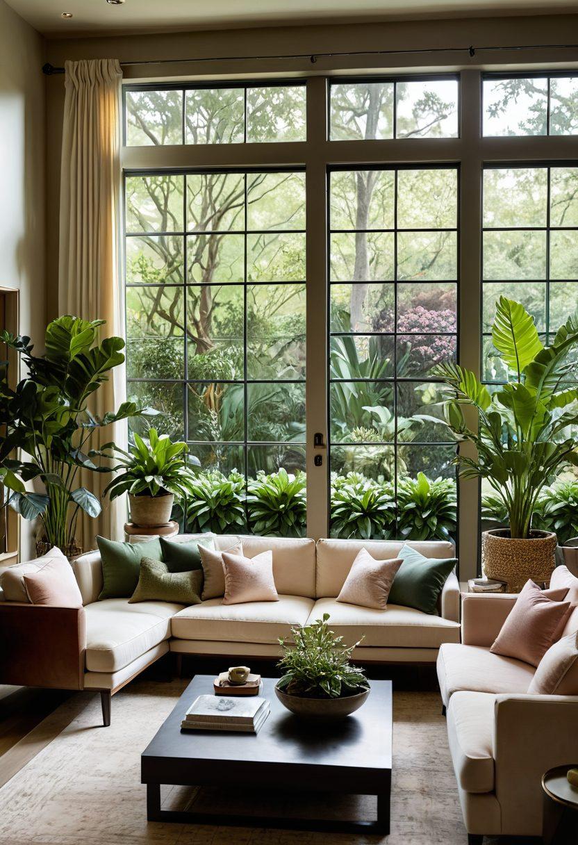 A cozy, beautifully decorated living room featuring soft, inviting colors and plush furnishings, with lush indoor plants and warm ambient lighting. Include a stylish coffee table with decorative elements and a view of a charming garden through large windows. Evoke a sense of relaxation and charm, inviting the viewer to imagine themselves in this serene retreat. super-realistic. vibrant colors. soft lighting.
